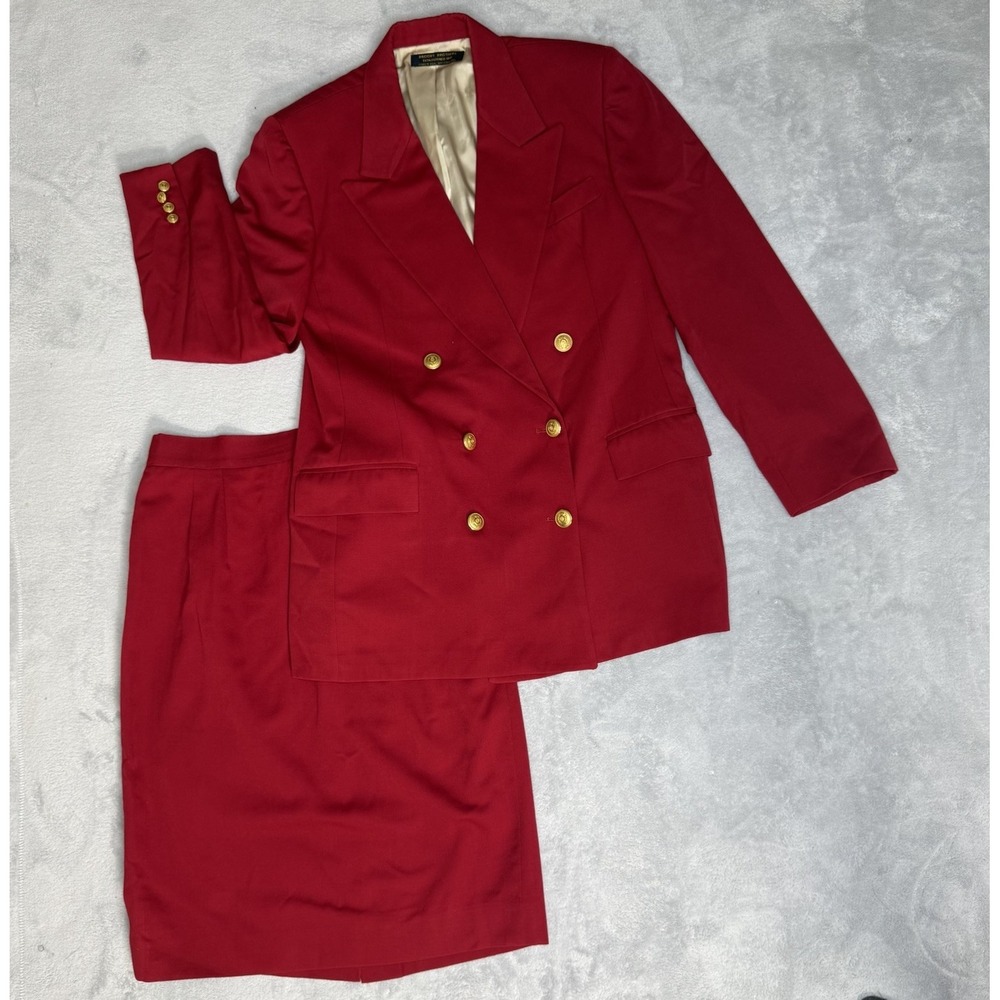 Vintage Brooks Brothers 100% Wool Skirt Suit Women 12 Red Gold Button USA